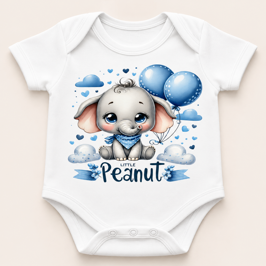 White short-sleeve baby bodysuit with a cartoon elephant graphic, blue balloons, clouds, hearts, and the text 'Little Peanut' on a light beige background.