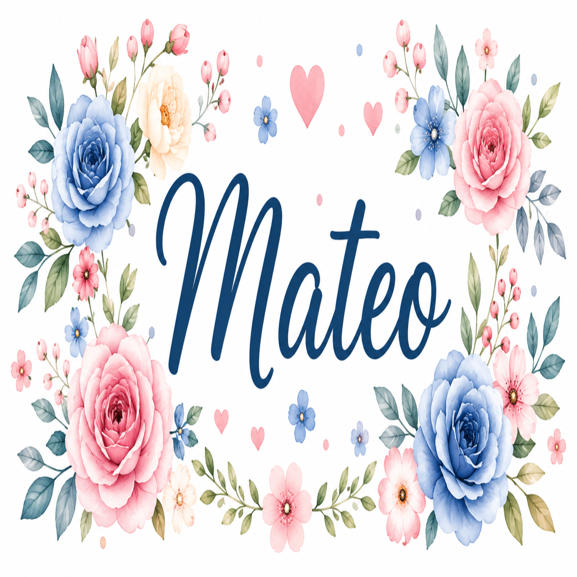 A decorative floral graphic with the name 'Mateo' in large navy script, surrounded by pink and blue roses, green leaves, and small hearts on a white background.
