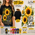 A promotional graphic for a DTF (Direct to Film) t-shirt design featuring a large sunflower graphic and the text 'Just a Girl Who Loves Sunflowers'. The image shows a model wearing a black t-shirt with the design, a back view of a plain black t-shirt, a color options chart, and sizing/care instructions.