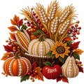 A decorative autumn harvest arrangement made from beadwork and sequins, featuring pumpkins, a pear, corn, wheat, berries, leaves, a sunflower, and an apple in warm fall colors on a white background.