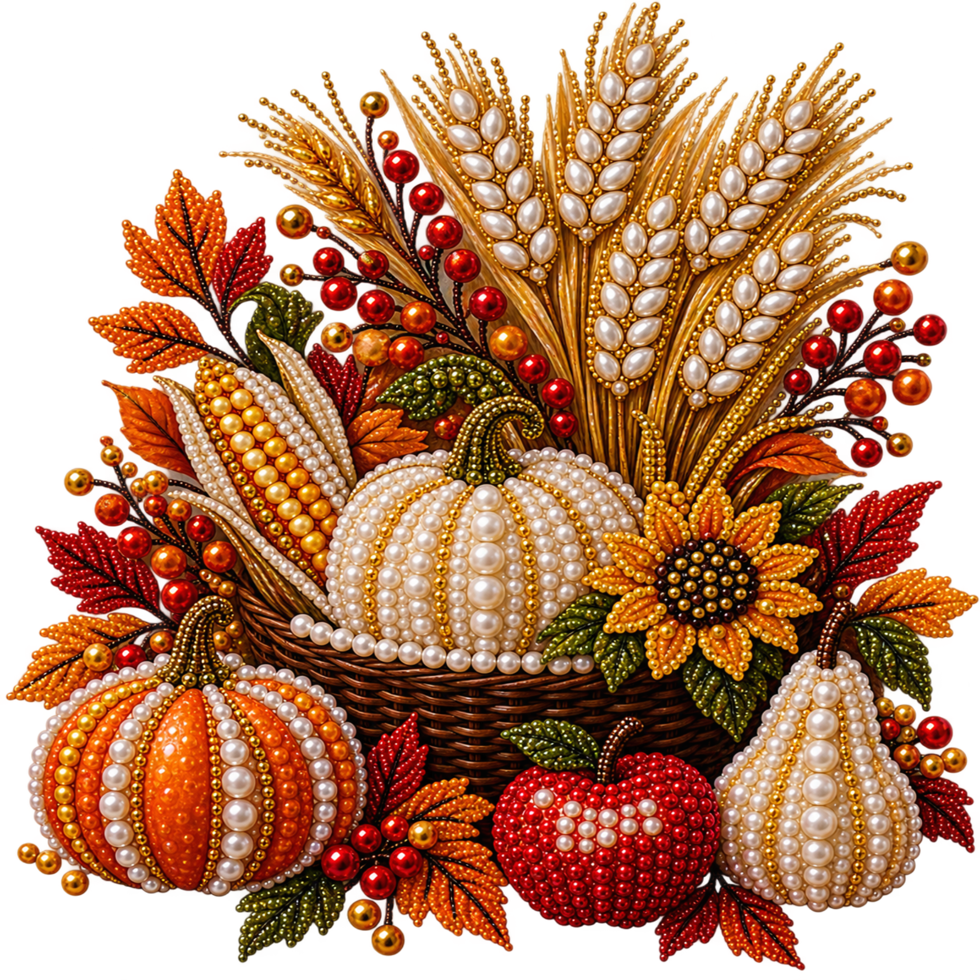 A decorative autumn harvest arrangement made from beadwork and sequins, featuring pumpkins, a pear, corn, wheat, berries, leaves, a sunflower, and an apple in warm fall colors on a white background.
