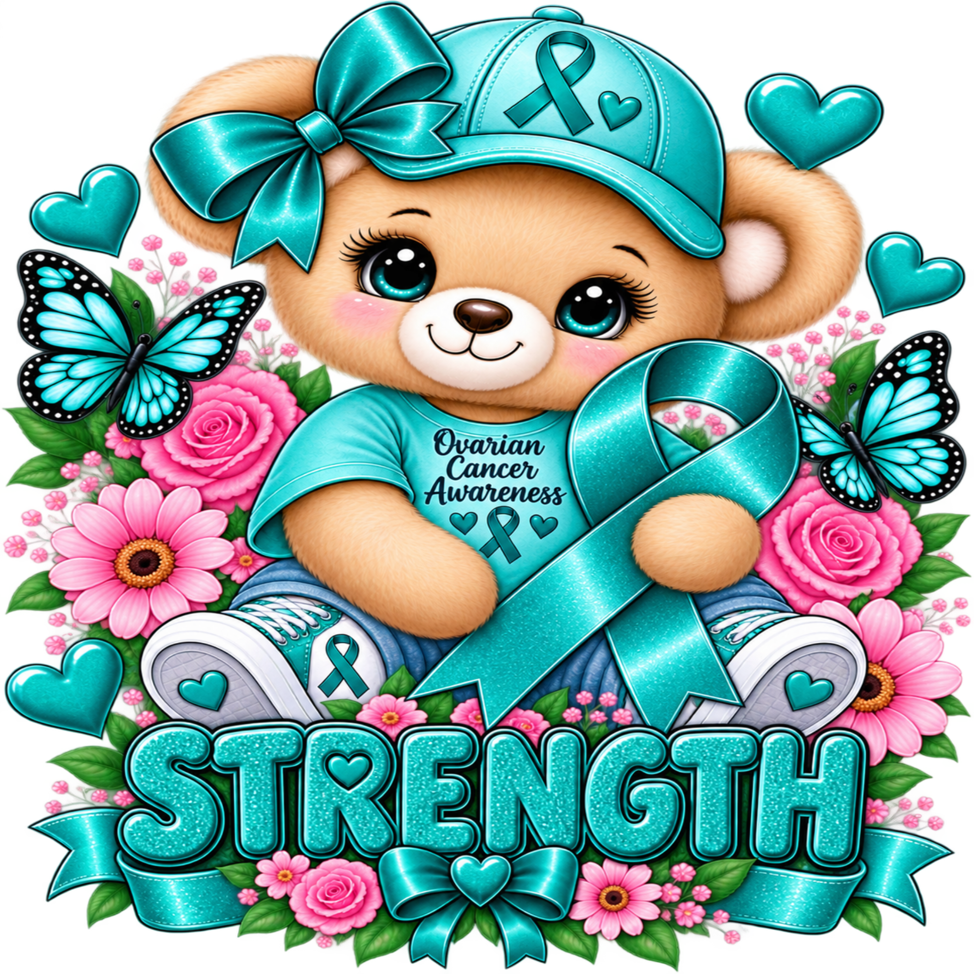 Ovarian Cancer Awareness themed graphic featuring a cute cartoon teddy bear wearing a teal bow and cap, holding a teal ribbon, surrounded by pink flowers, butterflies, and the word 'STRENGTH' at the bottom.