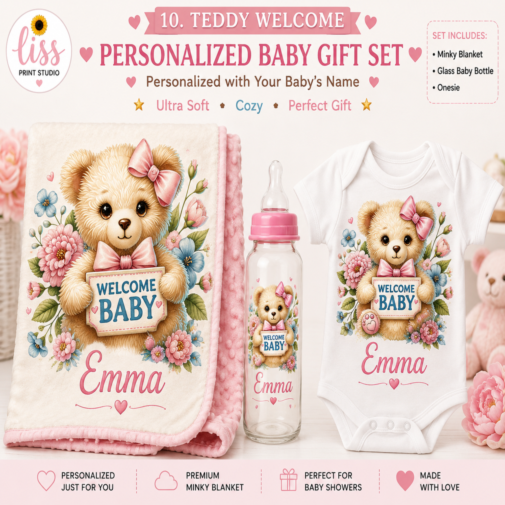 Personalized teddy bear baby gift set featuring a pink plush blanket, a white baby bodysuit, and a baby bottle, all printed with a cute cartoon teddy bear holding a 'Welcome Baby' sign surrounded by pink and blue flowers. The names 'Emma' and 'Emily' are printed on the blanket and bottle.