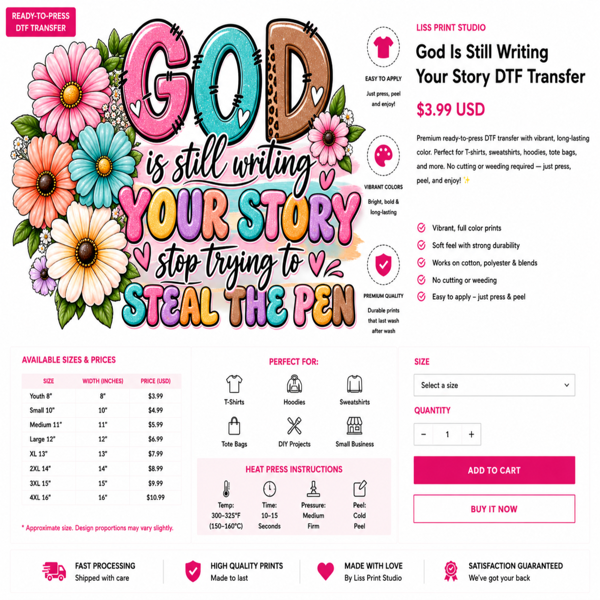 A promotional graphic for a DTF transfer file featuring the text 'GOD IS STILL WRITING YOUR STORY TO STEAL THE PEN' in large colorful letters. The design includes a pink God-themed shirt, floral graphics, size and price tables, usage instructions, and a quantity selector on a white background.