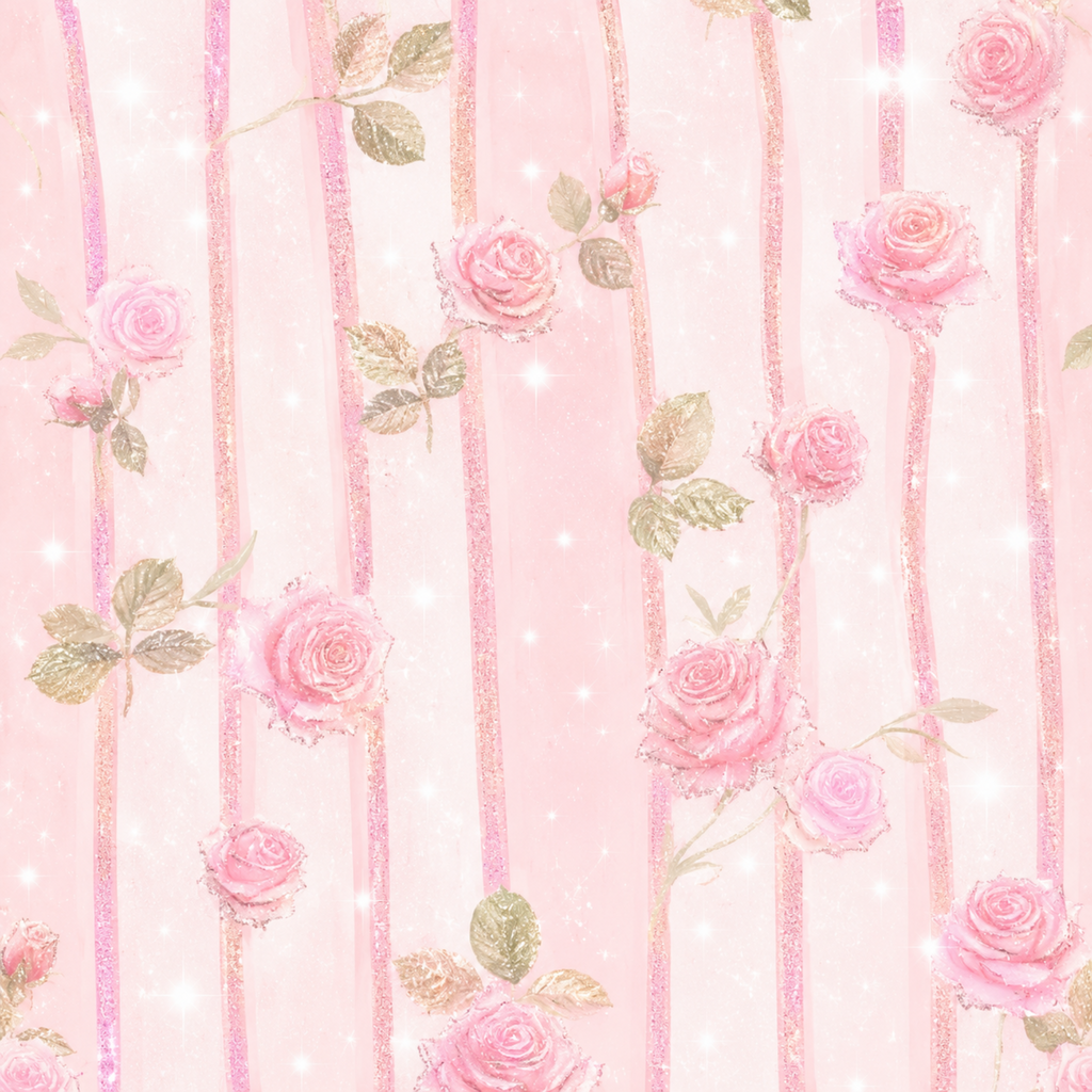 A repeating floral pattern featuring pink roses with green leaves on vertical pink glittery stripes over a light pink sparkly background.