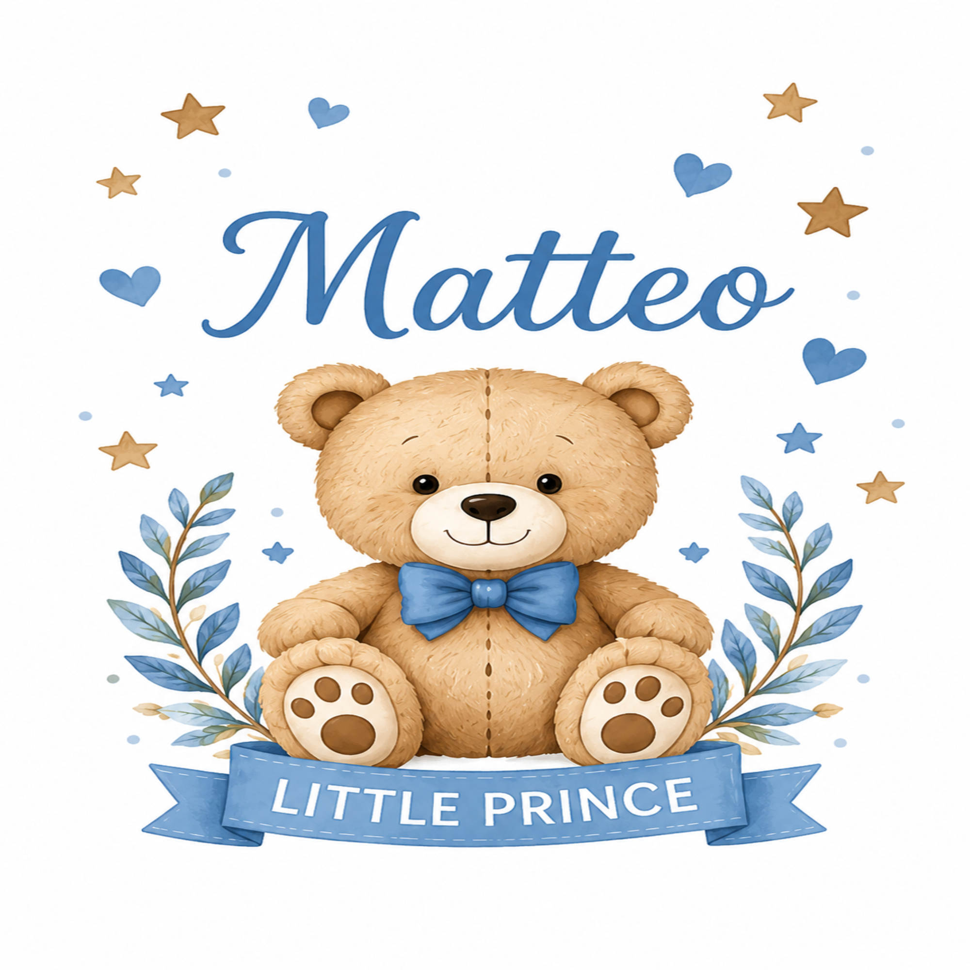 Personalized baby shower card design featuring a cute cartoon teddy bear with a blue bow tie, surrounded by blue hearts, gold stars, and leafy branches. The name 'Matteo' is written in blue script at the top, and a blue ribbon banner at the bottom reads 'LITTLE PRINCE'.