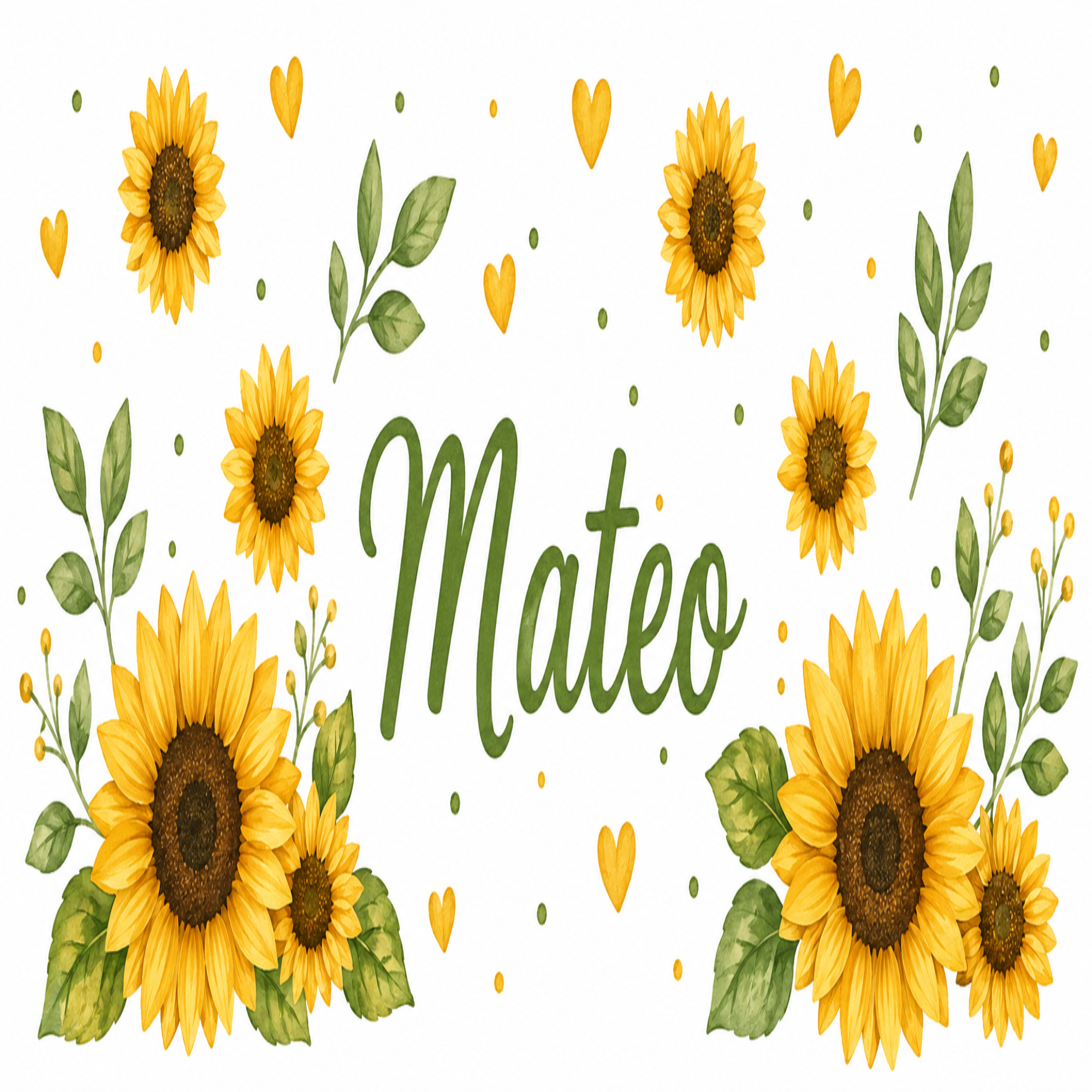 A decorative floral banner design with multiple yellow sunflowers, green leaves, small yellow hearts, and the name 'Mateo' in green script on a white background.