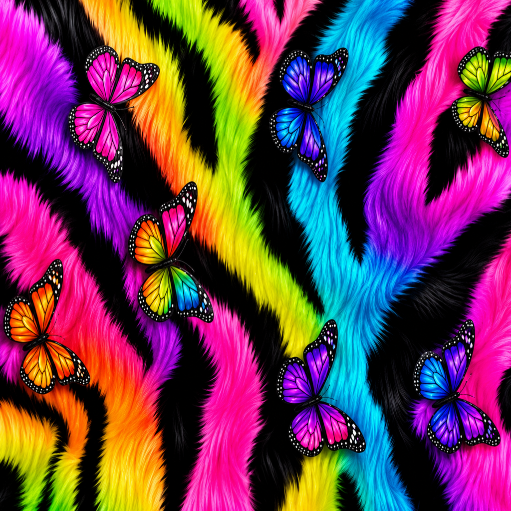 A vibrant, seamless pattern featuring fluffy, neon rainbow-colored stripes resembling faux fur, overlaid with several colorful butterflies with black and white spotted borders.