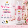 A personalized baby bottle with pink handles and a pink floral print featuring a crown and castle, displayed on a marble pedestal in a soft pink themed setting. The image includes promotional text, icons, and branding for 'Little Princess Baby Bottle' and 'Liss Print Studio'.