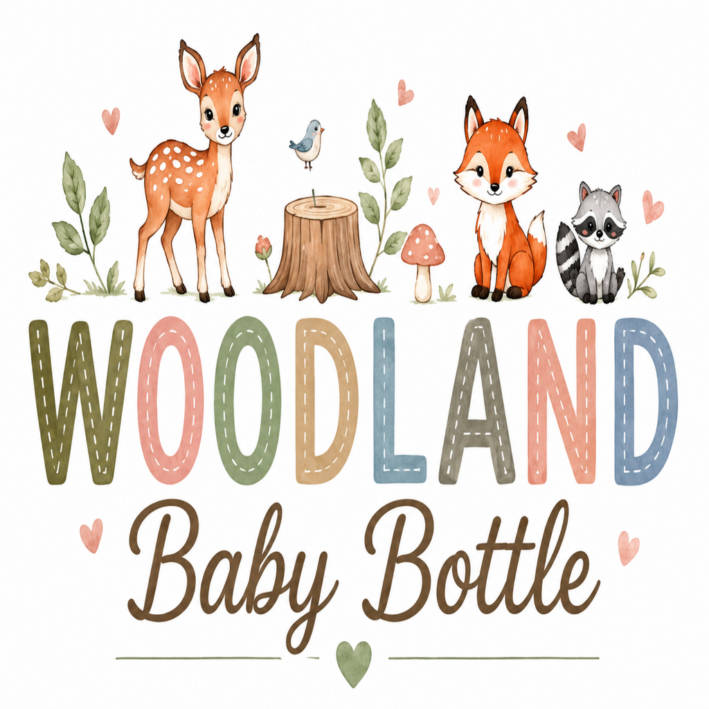 A stylized graphic reading 'WOODLAND Baby Bottle' with cute woodland illustrations above, including a deer, bird, fox, raccoon, mushroom, leaves, and pink hearts on a white background.