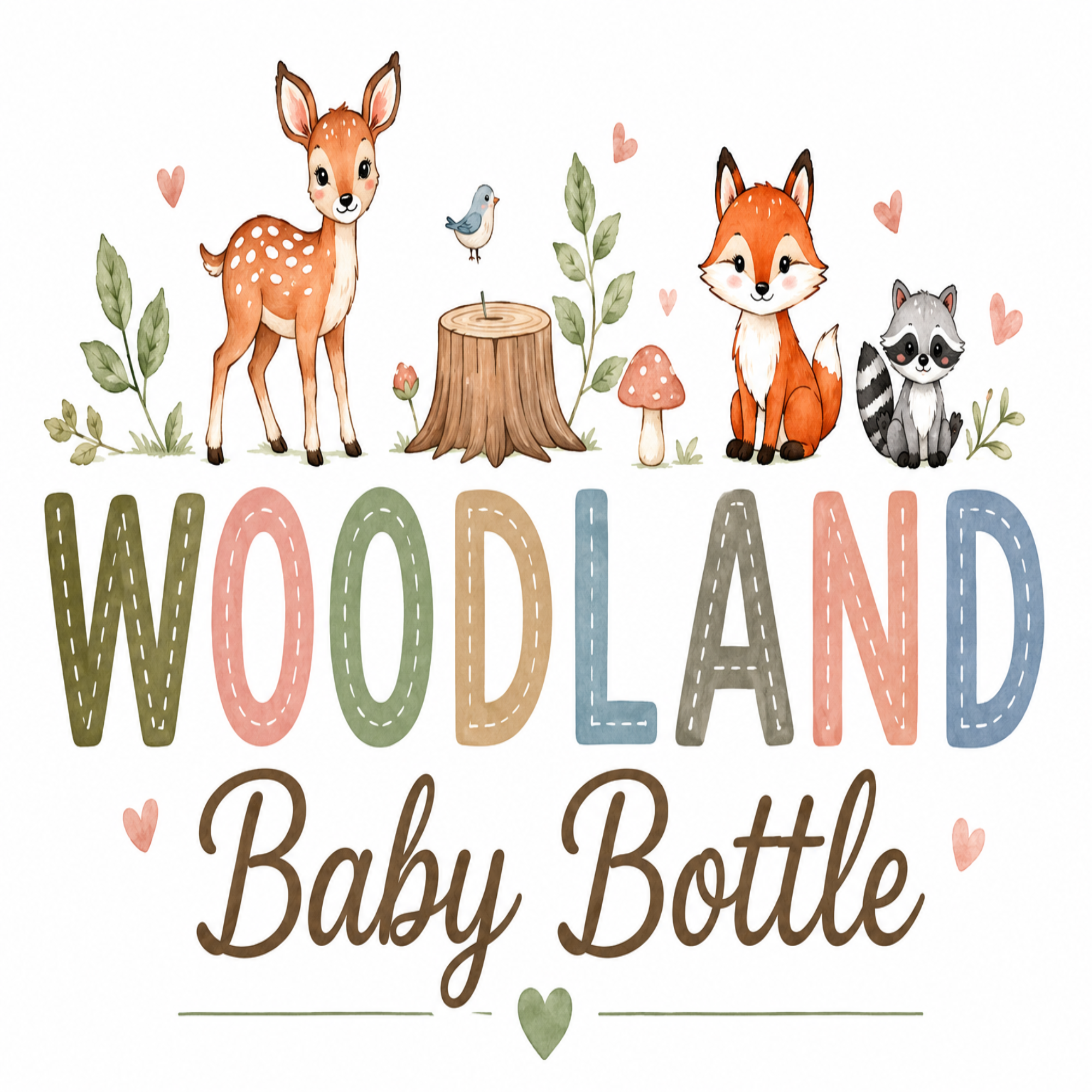 A stylized graphic reading 'WOODLAND Baby Bottle' with cute woodland illustrations above, including a deer, bird, fox, raccoon, mushroom, leaves, and pink hearts on a white background.