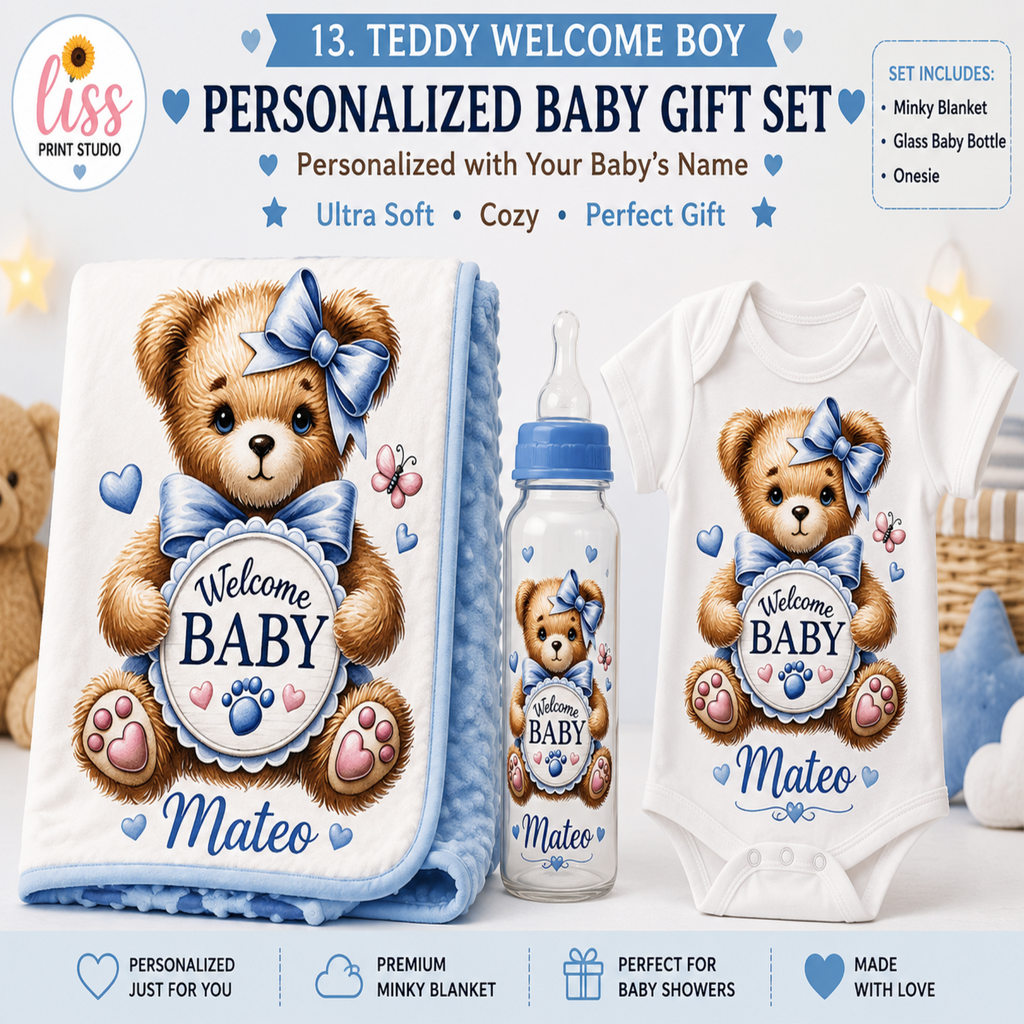 Personalized baby gift set featuring a teddy bear design printed on a white baby onesie, a blue minky blanket, and a baby bottle. The set includes a teddy bear graphic holding a sign that reads 'Welcome Baby' with the name 'Mateo' below.