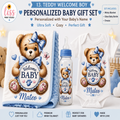 Personalized baby gift set featuring a teddy bear design printed on a white baby onesie, a blue minky blanket, and a baby bottle. The set includes a teddy bear graphic holding a sign that reads 'Welcome Baby' with the name 'Mateo' below.