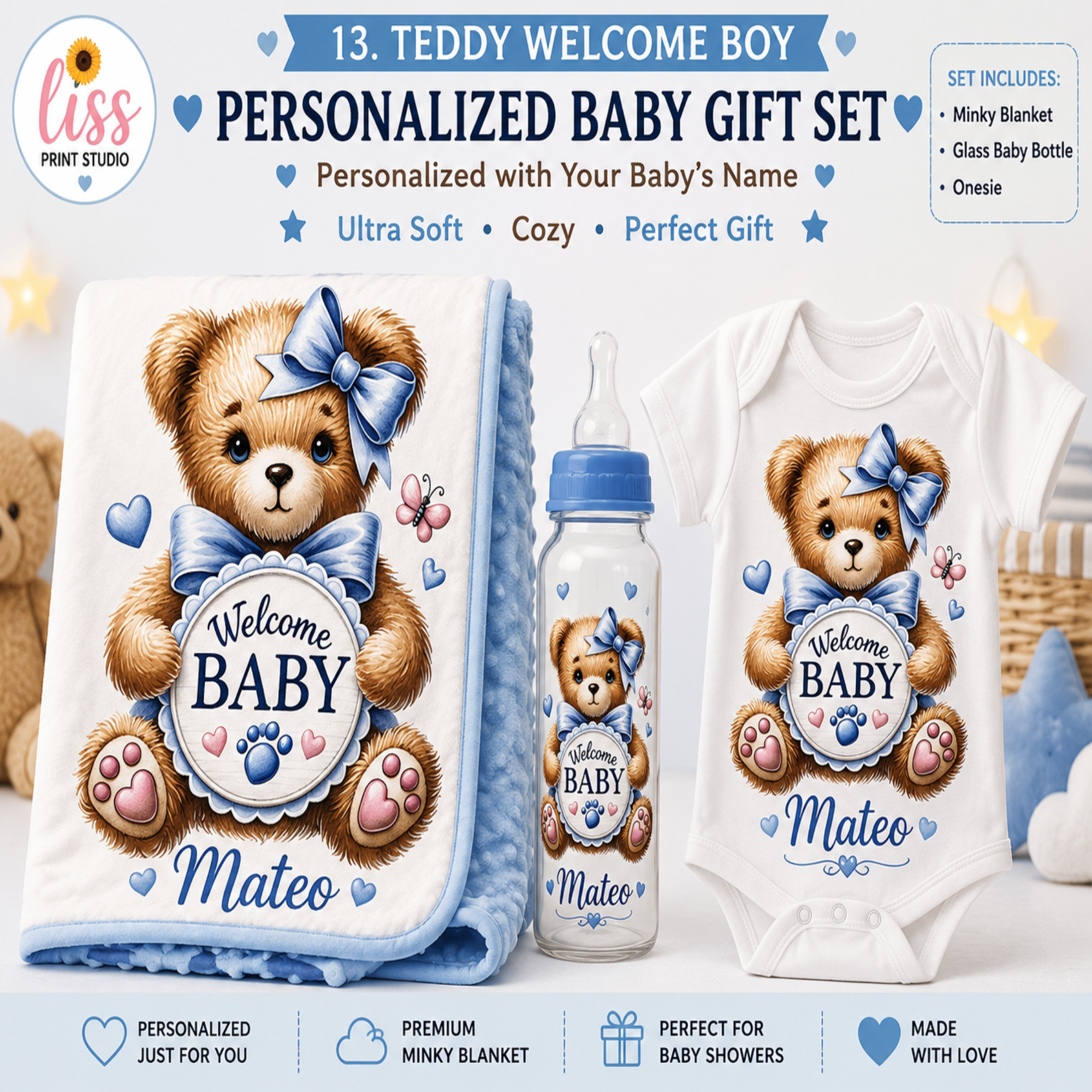 Personalized baby gift set featuring a teddy bear design printed on a white baby onesie, a blue minky blanket, and a baby bottle. The set includes a teddy bear graphic holding a sign that reads 'Welcome Baby' with the name 'Mateo' below.