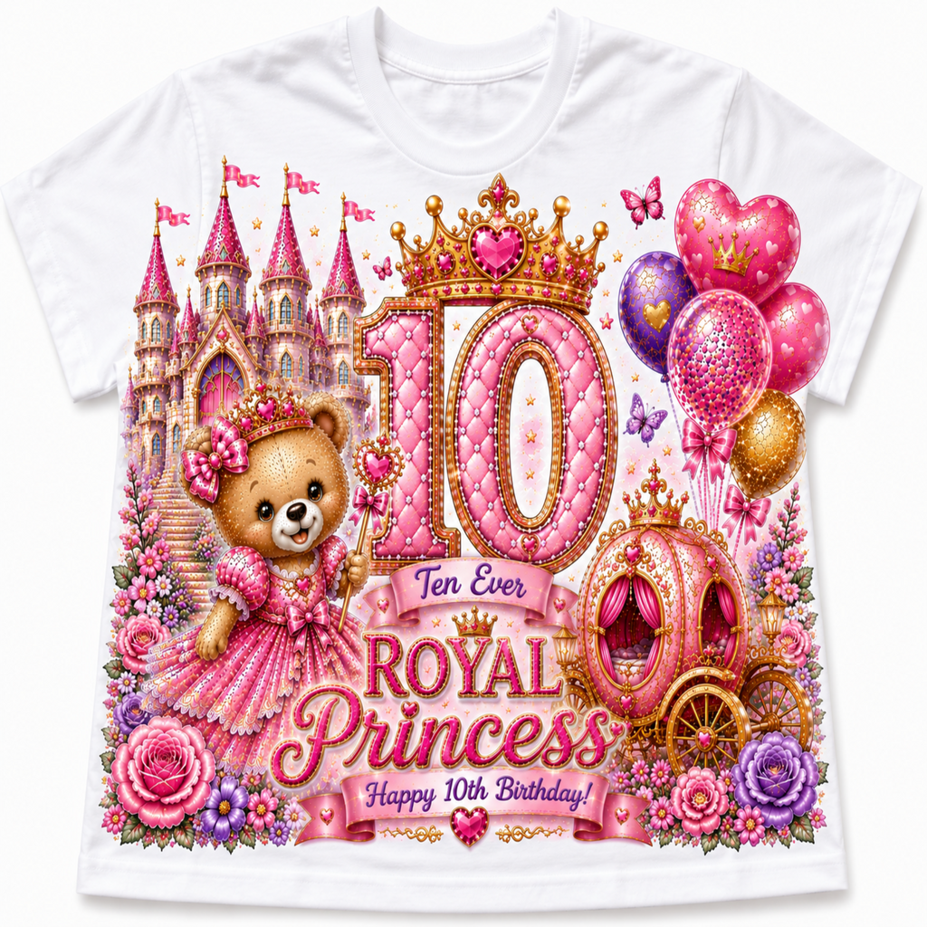 A white short-sleeve t-shirt featuring a large, colorful 10th birthday 'Royal Princess' graphic print on the front, complete with a pink castle, teddy bear, carriage, and balloons.