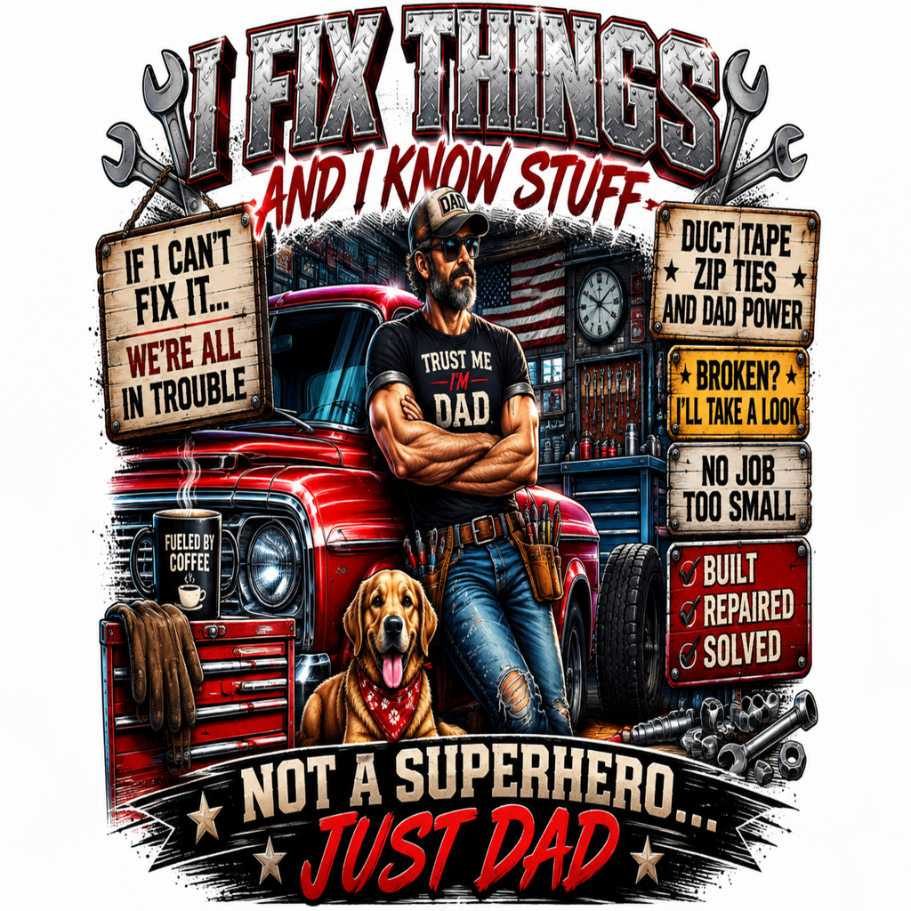 A graphic design featuring a dad mechanic sitting in front of a red truck with a golden retriever dog. The text reads 'I FIX THINGS AND I KNOW STUFF' and 'NOT A SUPERHERO.
