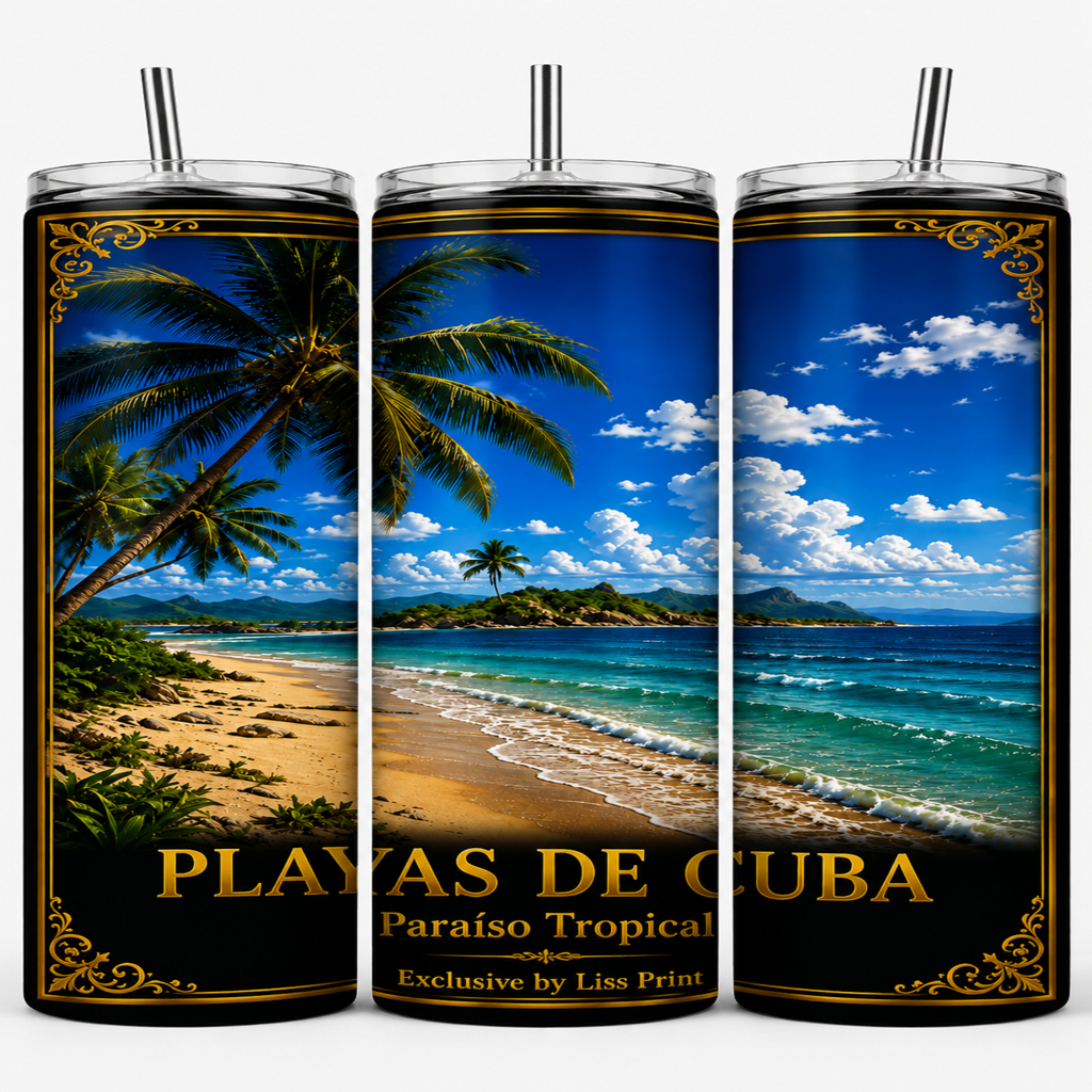 Three views of a tall insulated tumbler with a clear lid and straw, printed with a tropical beach scene and the text 'PLAYAS DE CUBA' and 'Paraiso Tropical'.