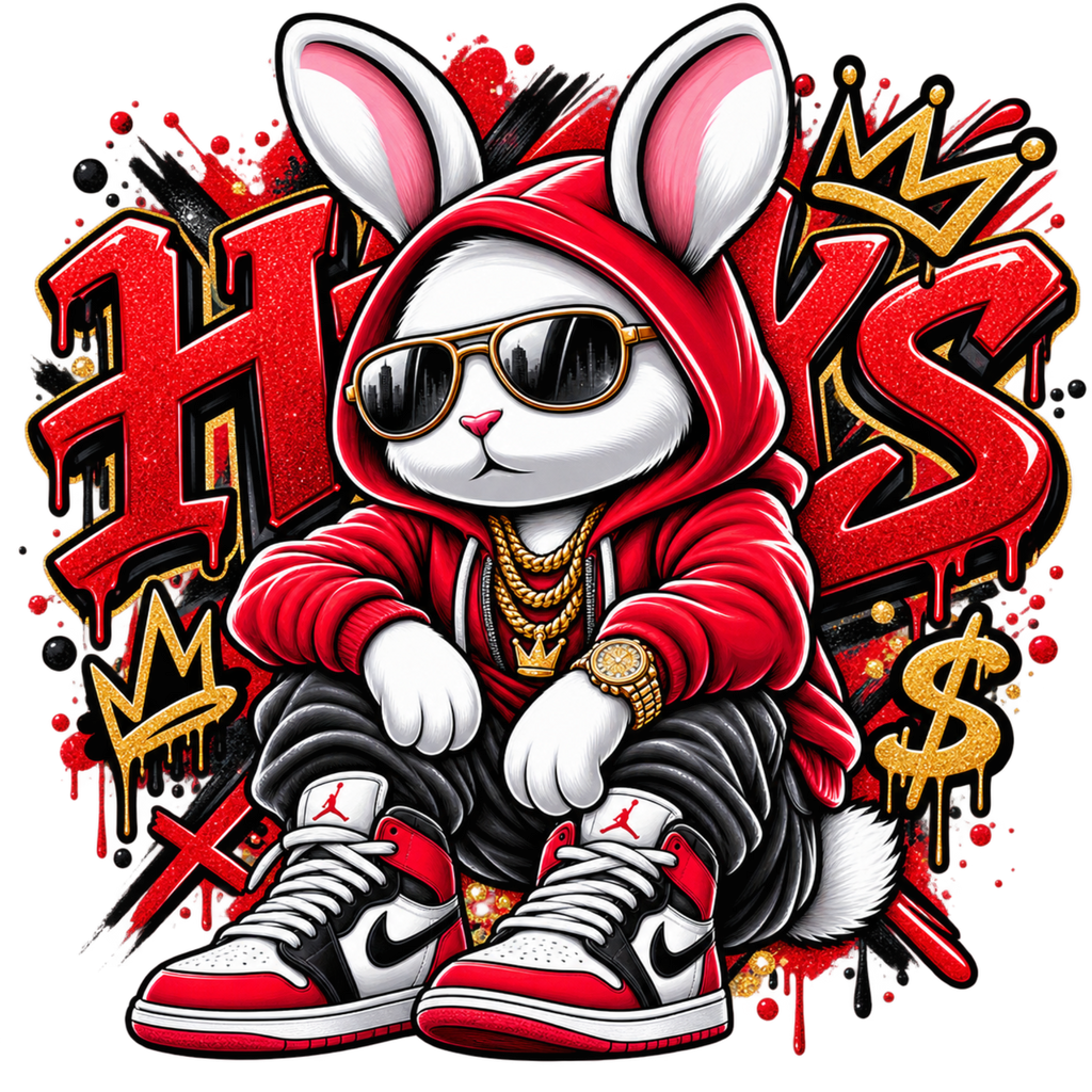 A stylized cartoon rabbit wearing a red hoodie, gold chain, sunglasses, and red-and-white sneakers, surrounded by graffiti-style lettering, crowns, and dollar-sign graphics on a black background.