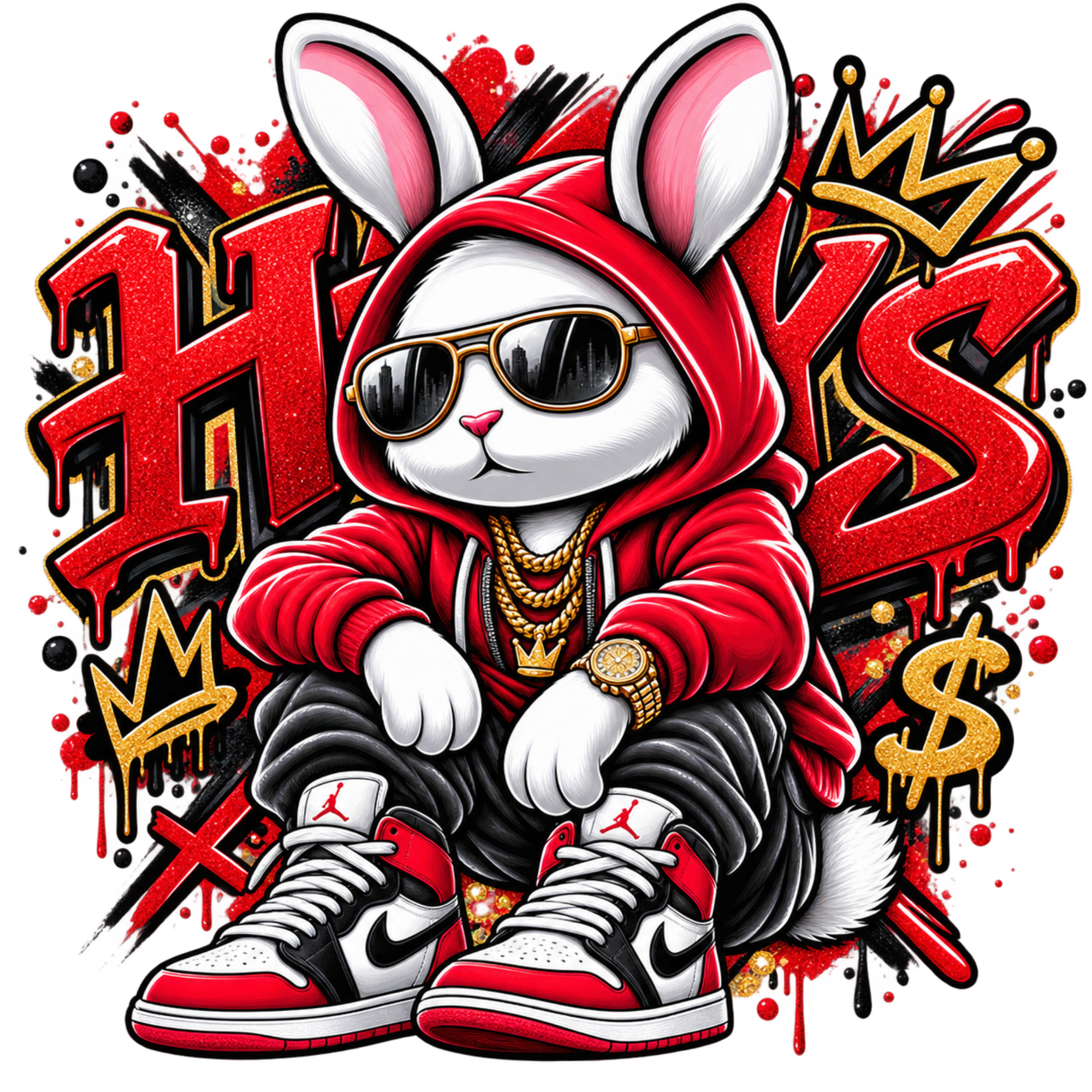 A stylized cartoon rabbit wearing a red hoodie, gold chain, sunglasses, and red-and-white sneakers, surrounded by graffiti-style lettering, crowns, and dollar-sign graphics on a black background.