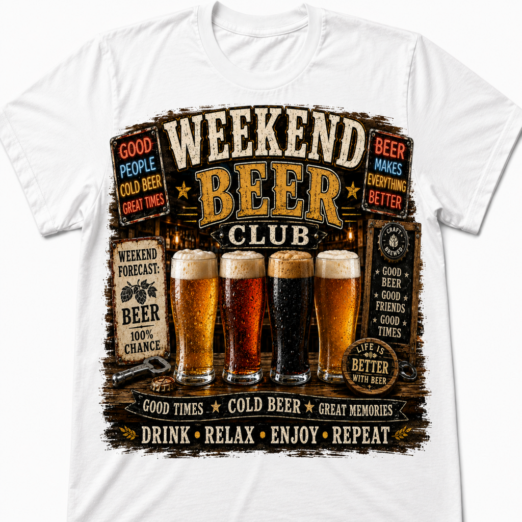 A white crewneck t-shirt featuring a large graphic print on the front with the text 'WEEKEND BEER CLUB' and illustrations of four beer glasses, set against a dark rustic wood background.