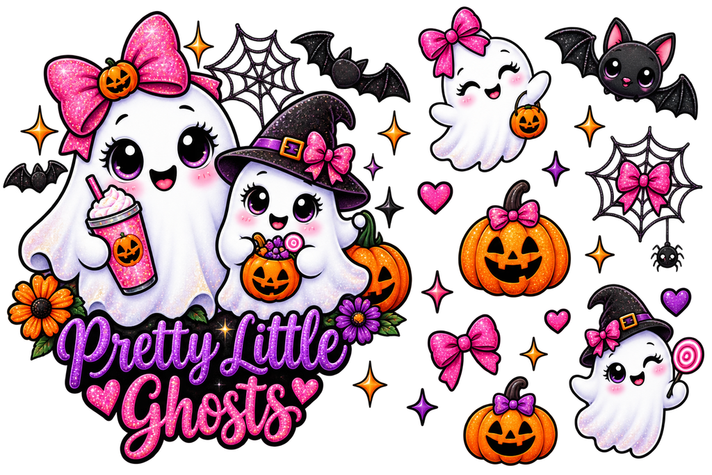 A set of cute Halloween-themed cartoon decals or stickers featuring smiling ghosts, witch hats, pumpkins, bats, spiderwebs, stars, flowers, and the text 'Pretty Little Ghosts' on a white background.