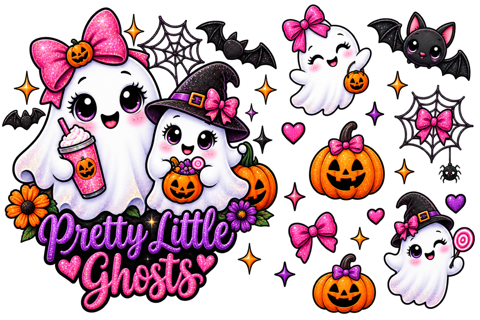 A set of cute Halloween-themed cartoon decals or stickers featuring smiling ghosts, witch hats, pumpkins, bats, spiderwebs, stars, flowers, and the text 'Pretty Little Ghosts' on a white background.