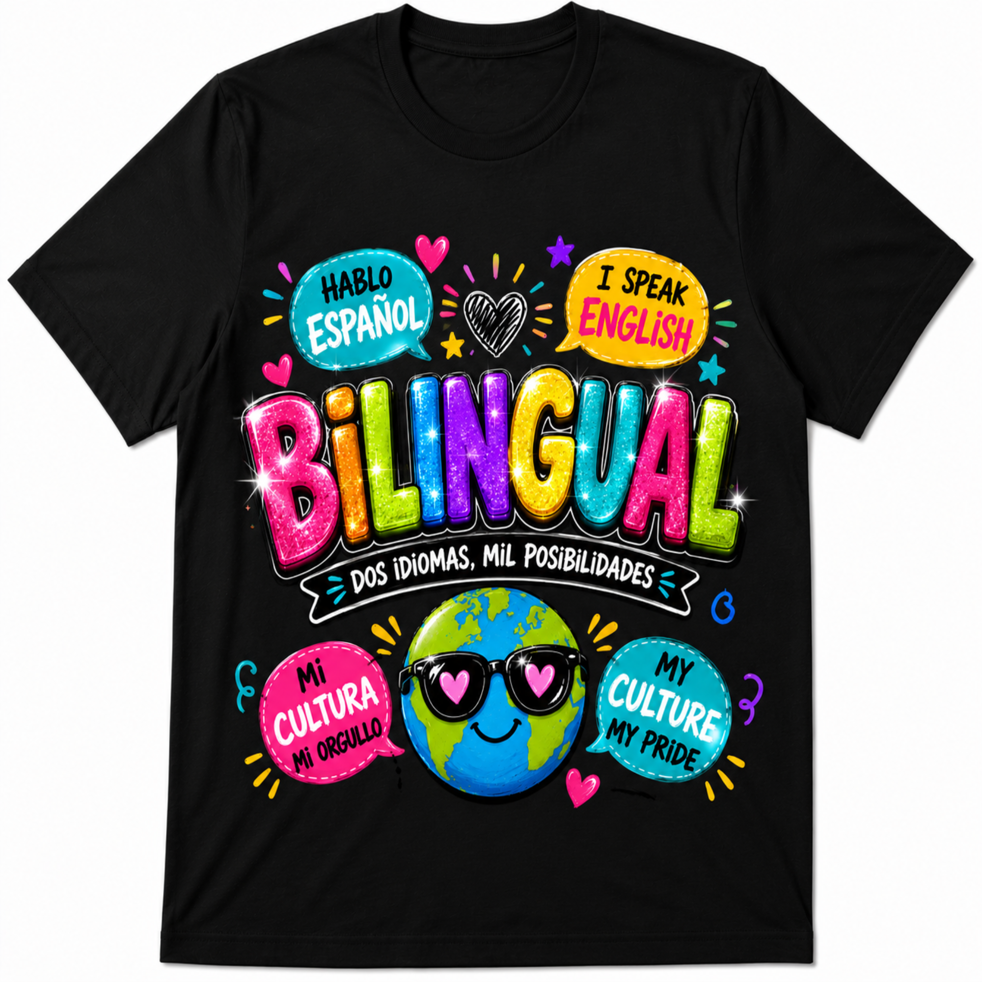 A black short-sleeve crewneck t-shirt featuring a colorful graphic design celebrating bilingualism. The graphic includes the text 'HABLO ESPAÑOL', 'I SPEAK ENGLISH', 'BILINGUAL', 'DOS IDIOMAS, MIL POSIBILIDADES', 'MI CULTURA MI ORIGEN', and 'MY CULTURE MY PRIDE' in vibrant, playful fonts around a cartoon globe character wearing heart-shaped sunglasses.