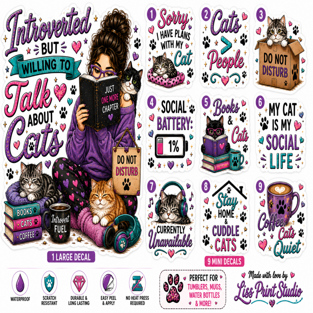 A sheet of 10 cat-themed vinyl decals with humorous quotes and illustrations, including a woman reading a book with several cats, paw prints, and text like 'Social Battery: 1%' and 'Books Cats Coffee'.