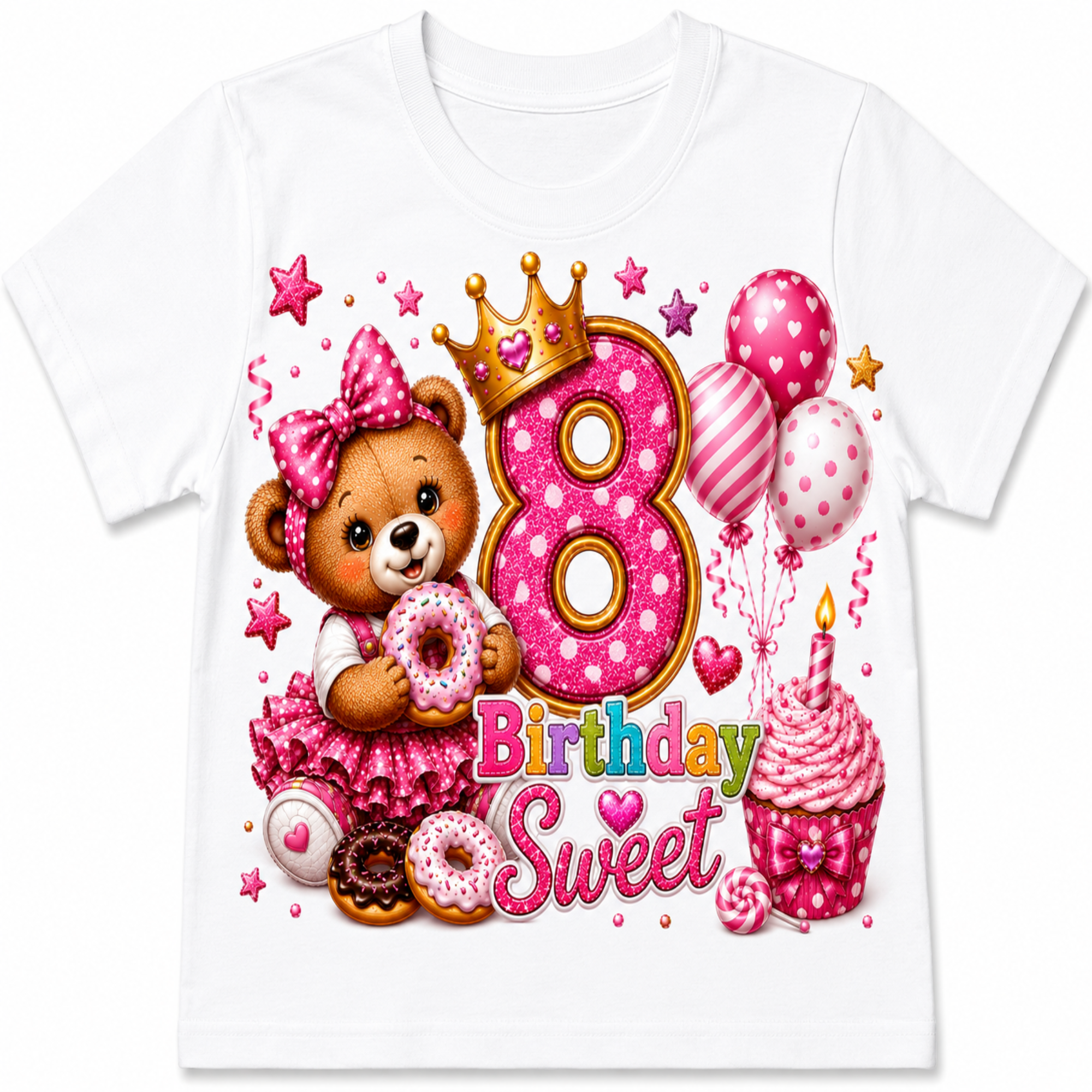 A white short-sleeve kids' t-shirt featuring a colorful 8th birthday graphic with a teddy bear, donuts, balloons, a crown, cupcakes, and the words 'Birthday Sweet'.