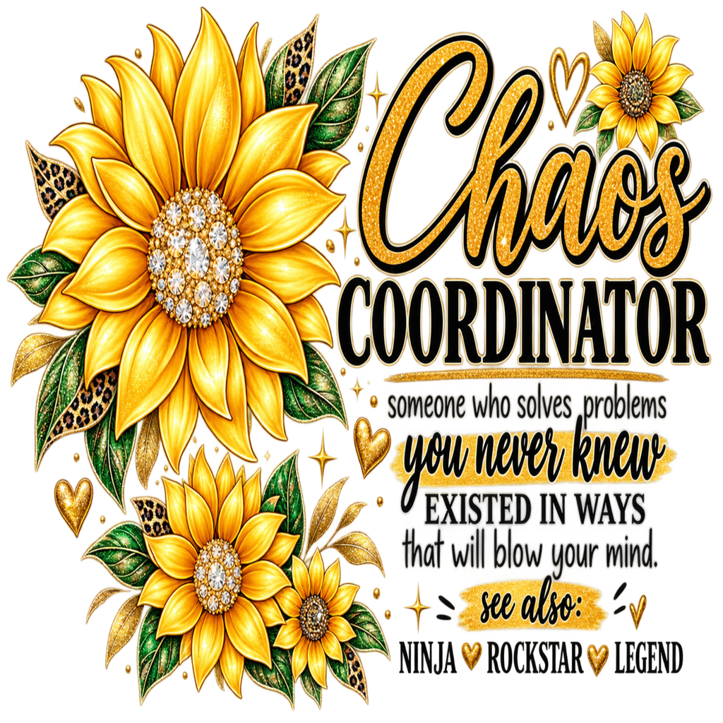 A decorative graphic with large illustrated sunflowers, gold glitter-style text reading 'Chaos Coordinator,' a definition of the role, and smaller text 'NINJA ROCKSTAR LEGEND' on a white background.
