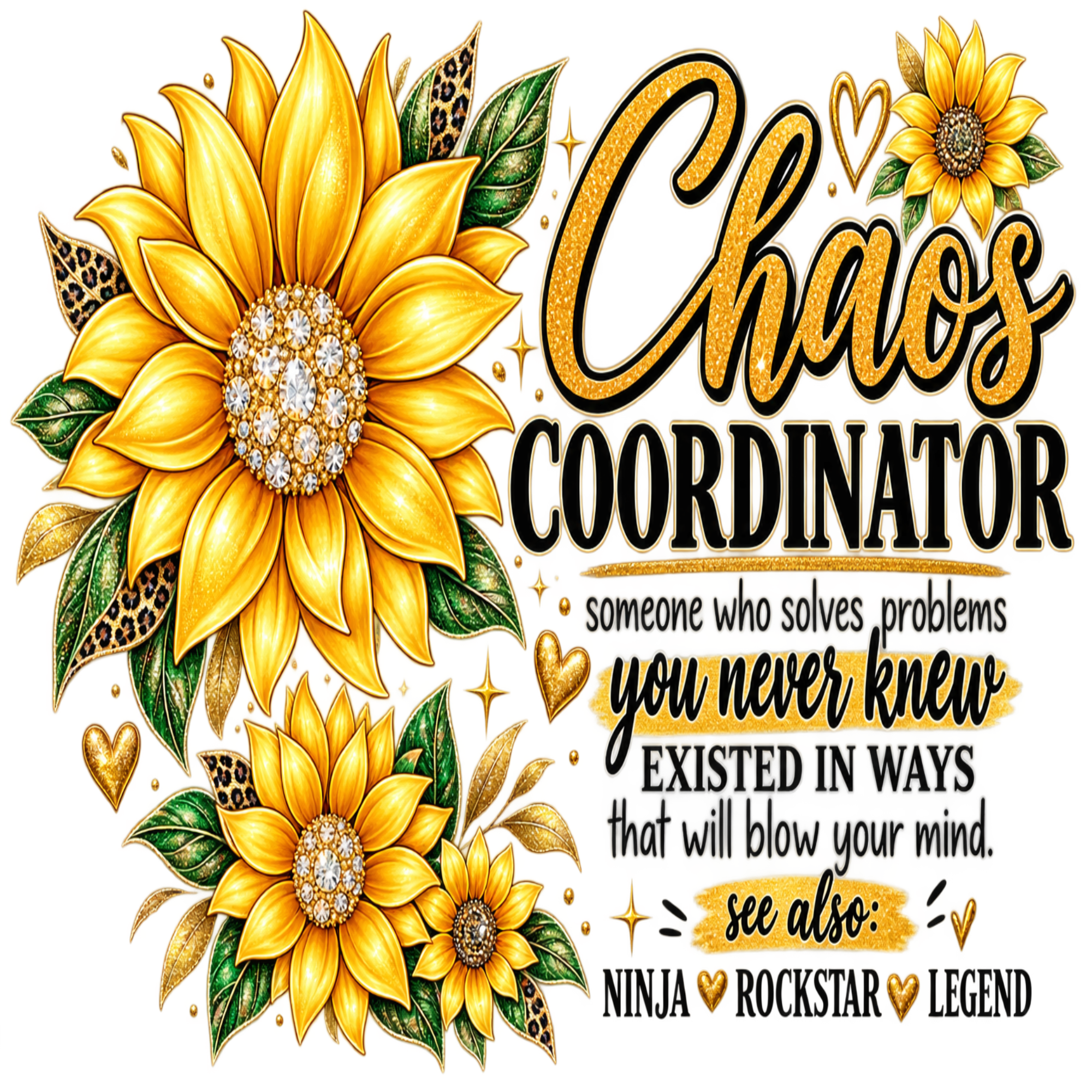 A decorative graphic with large illustrated sunflowers, gold glitter-style text reading 'Chaos Coordinator,' a definition of the role, and smaller text 'NINJA ROCKSTAR LEGEND' on a white background.