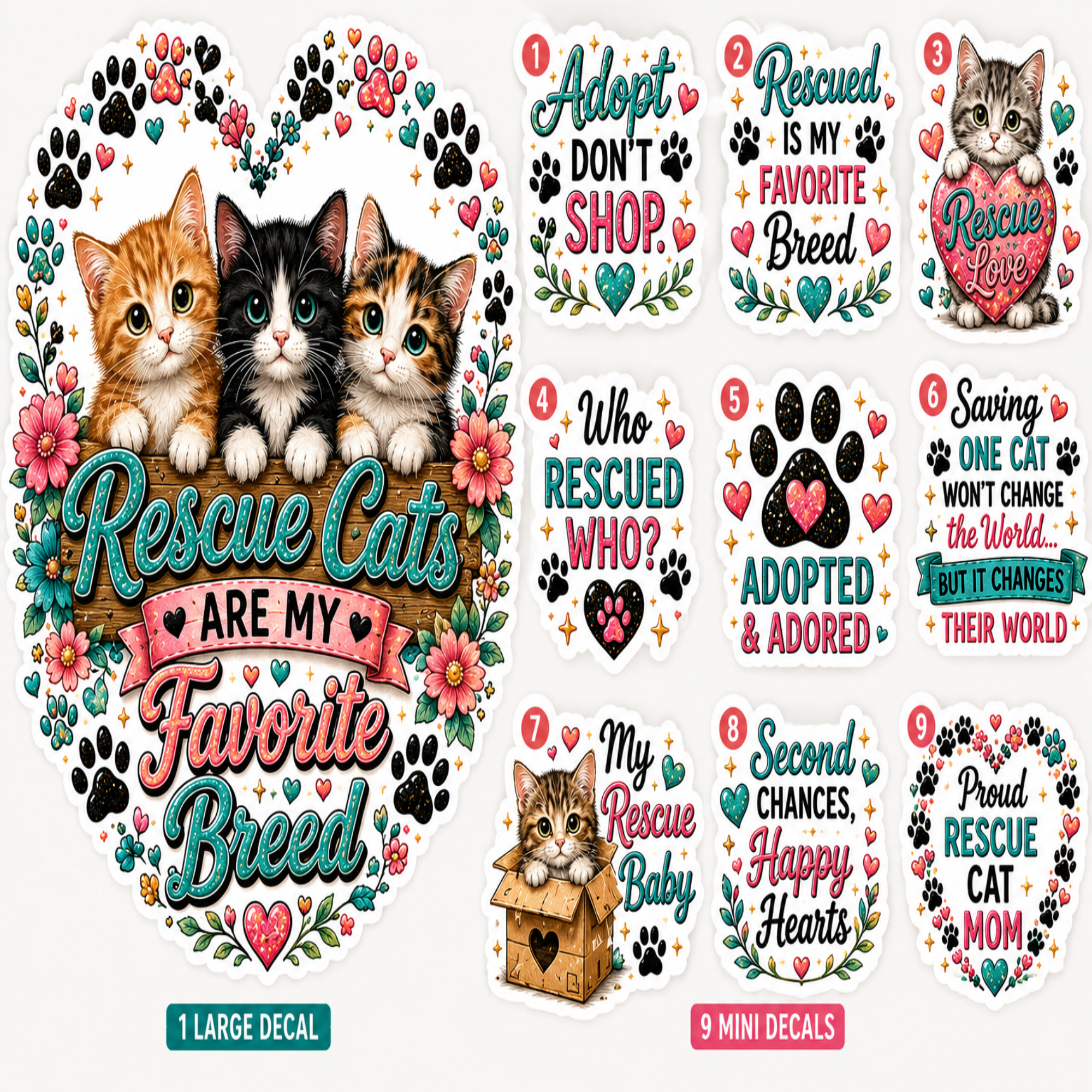 A set of cat-themed rescue dog adoption decals shown on a white background, including one large decorative decal with three kittens and floral paw-print artwork, plus nine smaller text decals with slogans like 'Rescue Cats Are My Favorite Breed' and 'Who Rescued Who?'.