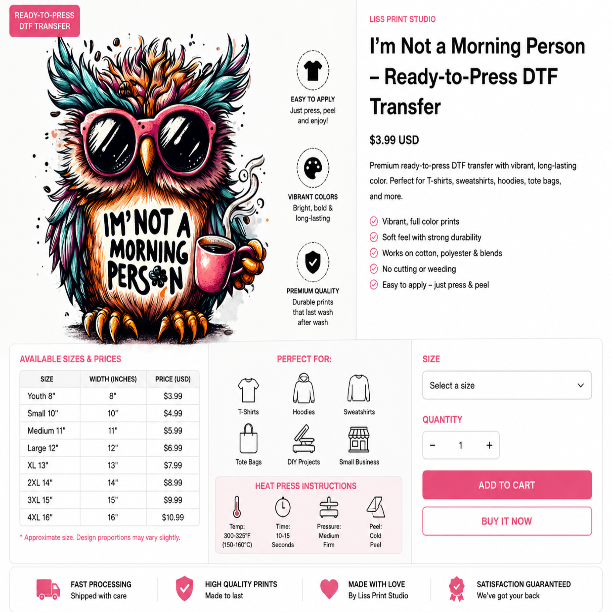 A promotional graphic for a ready-to-print DTF transfer design featuring an illustrated owl wearing pink sunglasses and the text 'I'M NOT A MORNING PERSON.' The layout includes pricing ($3.