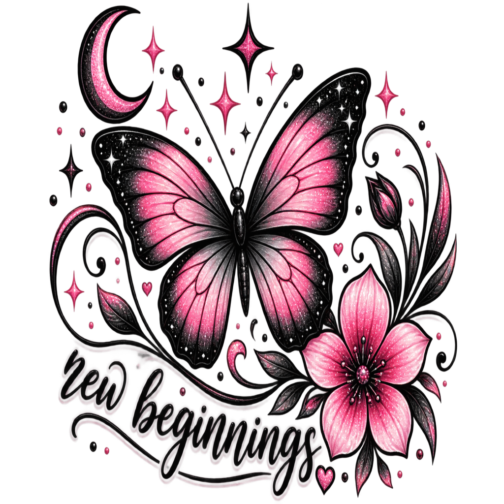 A decorative graphic featuring a pink and black butterfly, a pink flower, a crescent moon, stars, hearts, and the phrase “new beginnings” in black script on a white background.
