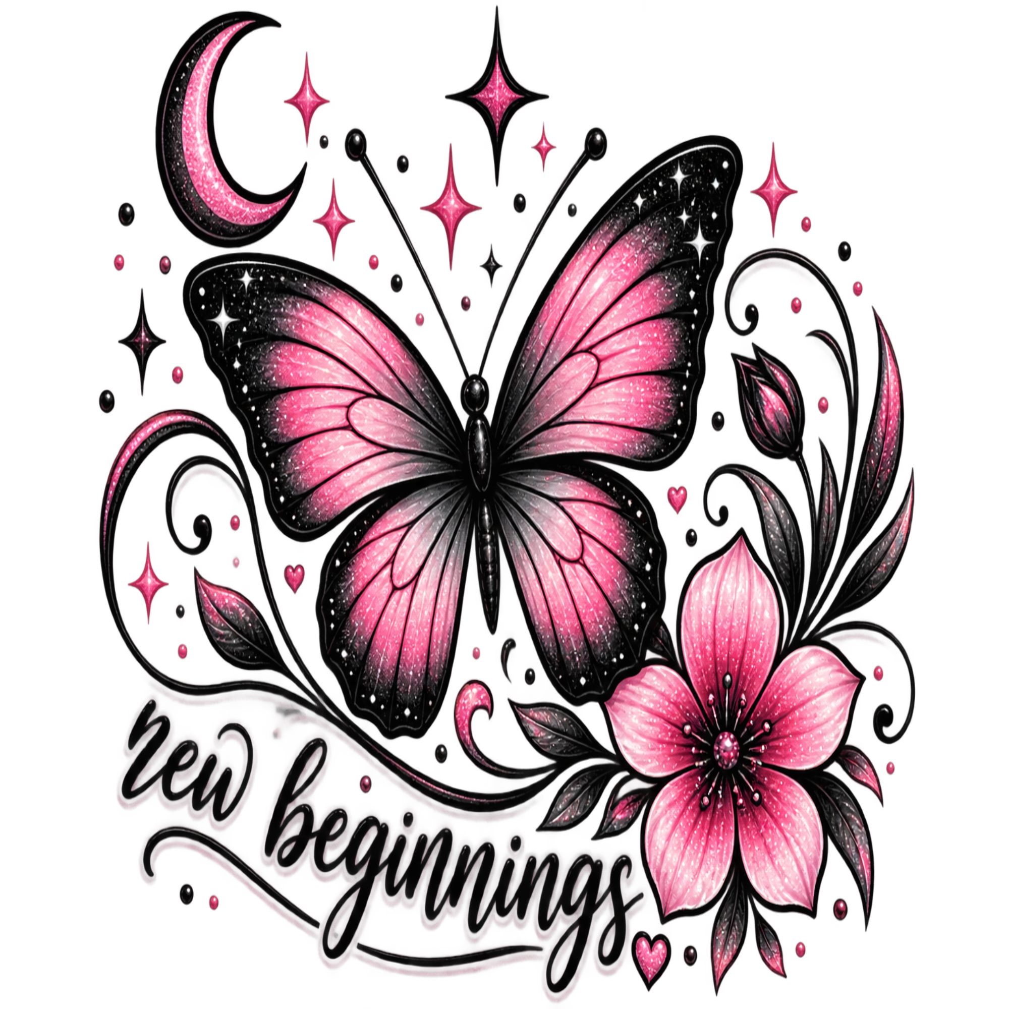 A decorative graphic featuring a pink and black butterfly, a pink flower, a crescent moon, stars, hearts, and the phrase “new beginnings” in black script on a white background.