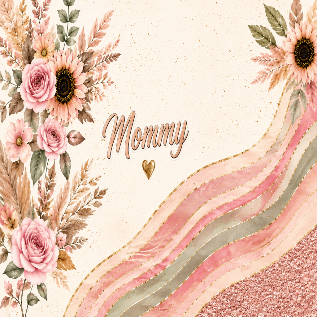 A decorative graphic with the word 'Mommy' in cursive and a small gold heart, surrounded by pink roses, sunflowers, dried leaves, and wavy blush, sage, and glittery stripes on a cream background.