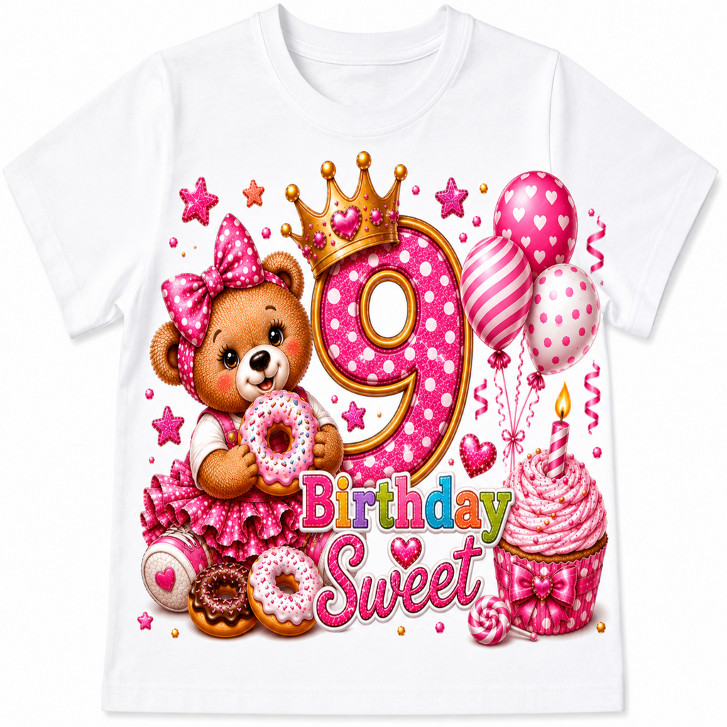 A white short-sleeve kids' t-shirt featuring a colorful 9th birthday graphic with a teddy bear, donuts, balloons, a cupcake, and the words 'Birthday Sweet'.