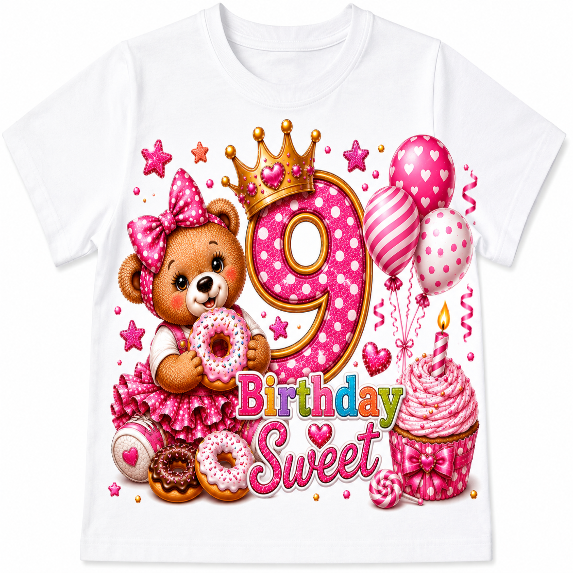 A white short-sleeve kids' t-shirt featuring a colorful 9th birthday graphic with a teddy bear, donuts, balloons, a cupcake, and the words 'Birthday Sweet'.