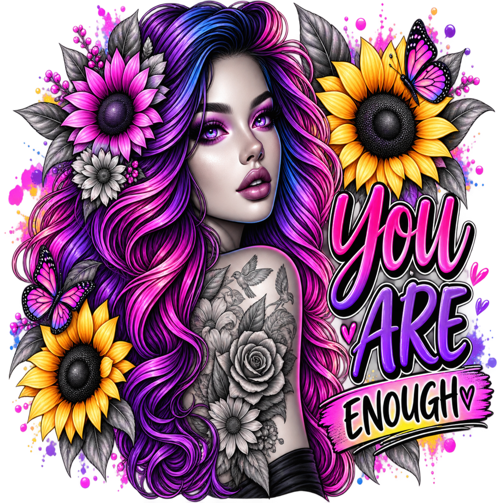 A stylized portrait graphic of a woman with long vivid pink, purple, and blue hair, floral elements, butterflies, sunflowers, and the text 'YOU ARE ENOUGH' on a white background.