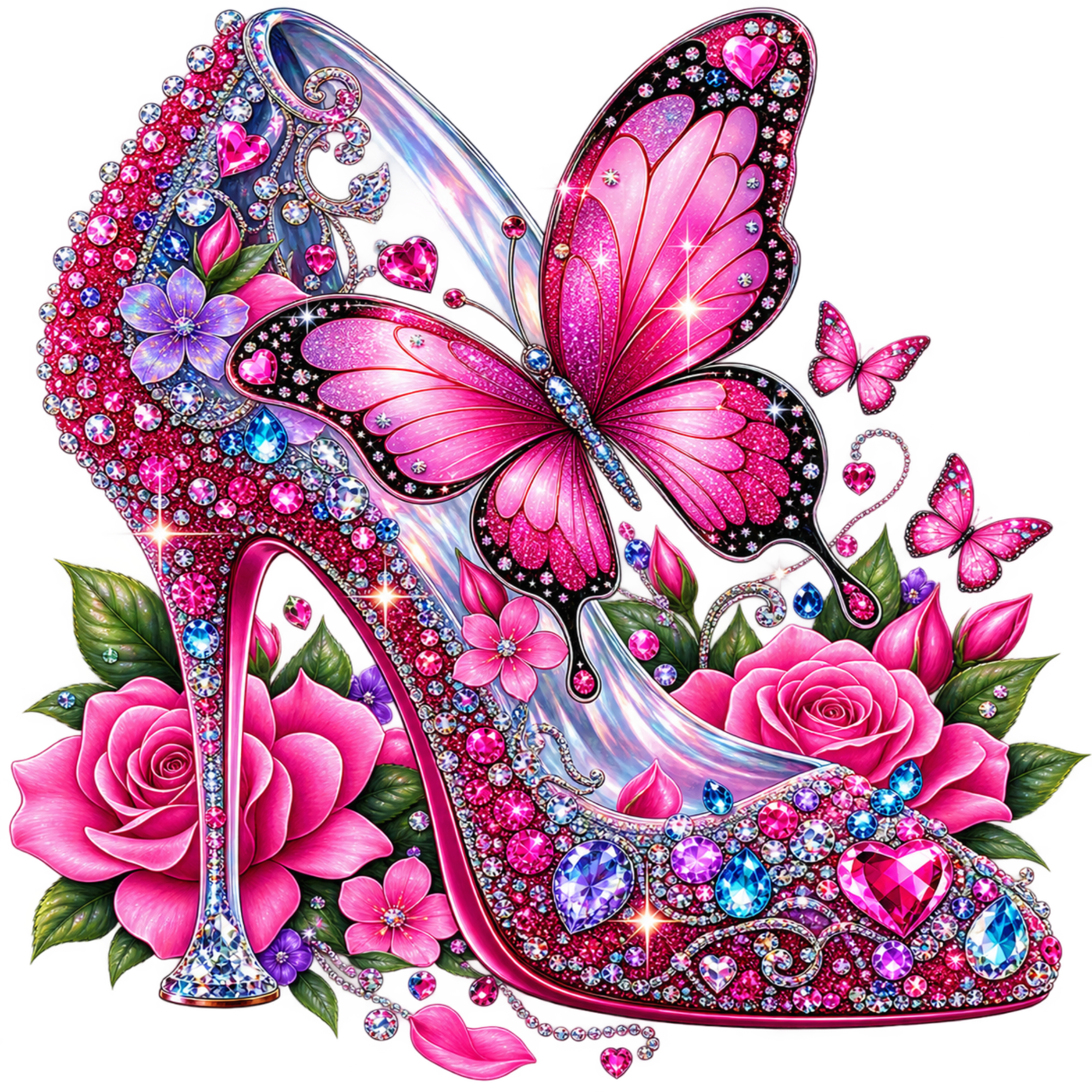 A highly detailed, vibrant digital illustration of a pink high-heeled shoe embellished with sparkling gems, surrounded by pink roses, flowers, butterflies, and leaves on a solid white background.