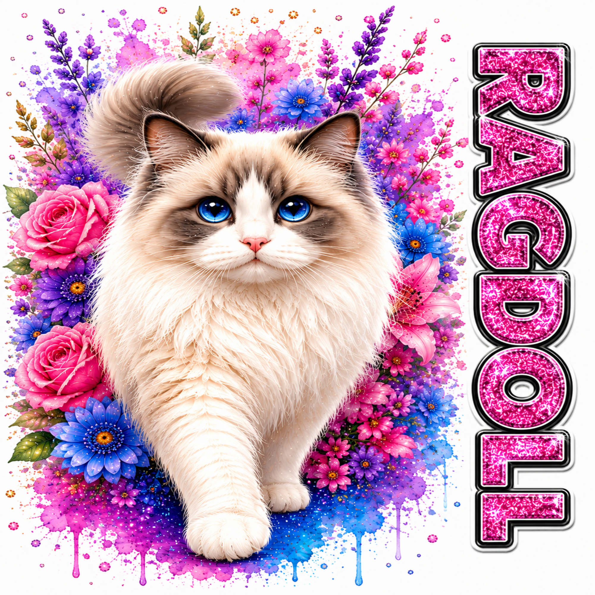 A stylized cat portrait with a fluffy cream and brown cat centered against a vivid floral watercolor background in pink, purple, and blue. The word 'RAGDOLL' appears vertically on the right in glittery pink letters.