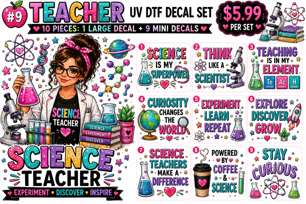 Science Teacher — Experiment • Discover • Inspire UV DTF Decal Set 🧪🔬✨