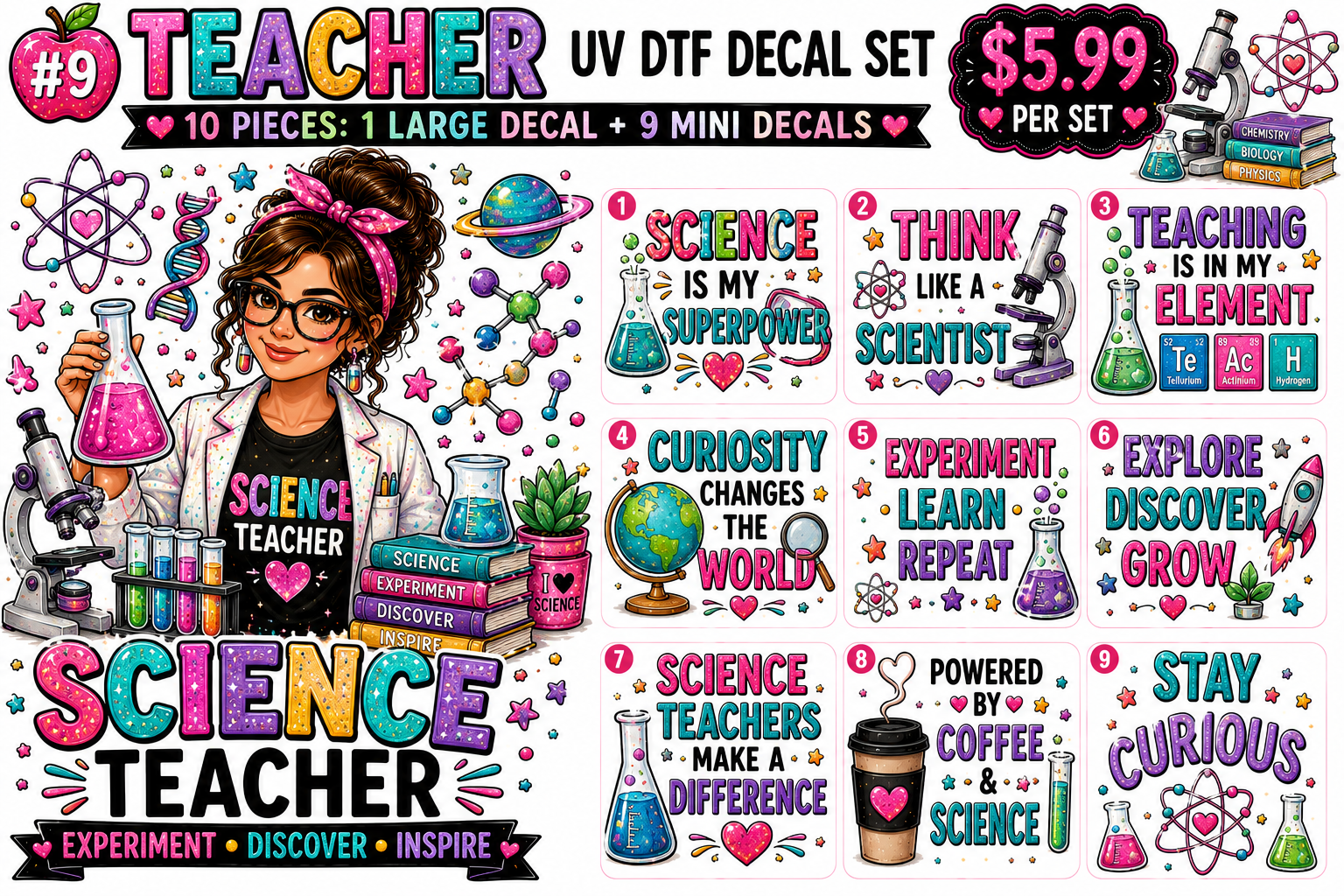 Science Teacher — Experiment • Discover • Inspire UV DTF Decal Set 🧪🔬✨