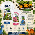 A promotional graphic for a dinosaur-themed family birthday shirt collection, showing three printed T-shirt designs: a white shirt reading 'DAD OF THE BIRTHDAY BOY' with a green dinosaur, a white shirt reading 'MOM OF THE BIRTHDAY BOY' with a pink dinosaur, and a matching white shirt reading 'BIRTHDAY BOY LET'S GO!' with a yellow dinosaur. The layout includes dinosaur illustrations, tropical leaves, and marketing text on a jungle-style background.