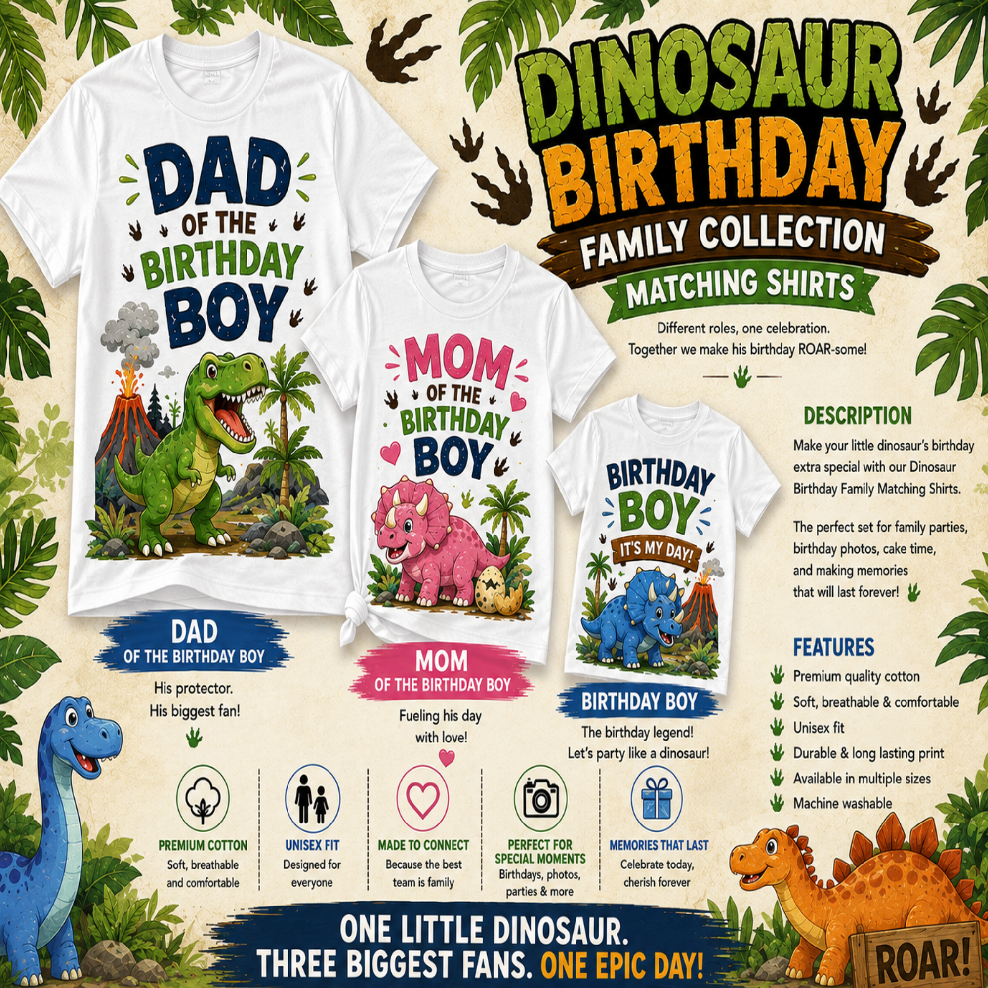 A promotional graphic for a dinosaur-themed family birthday shirt collection, showing three printed T-shirt designs: a white shirt reading 'DAD OF THE BIRTHDAY BOY' with a green dinosaur, a white shirt reading 'MOM OF THE BIRTHDAY BOY' with a pink dinosaur, and a matching white shirt reading 'BIRTHDAY BOY LET'S GO!' with a yellow dinosaur. The layout includes dinosaur illustrations, tropical leaves, and marketing text on a jungle-style background.