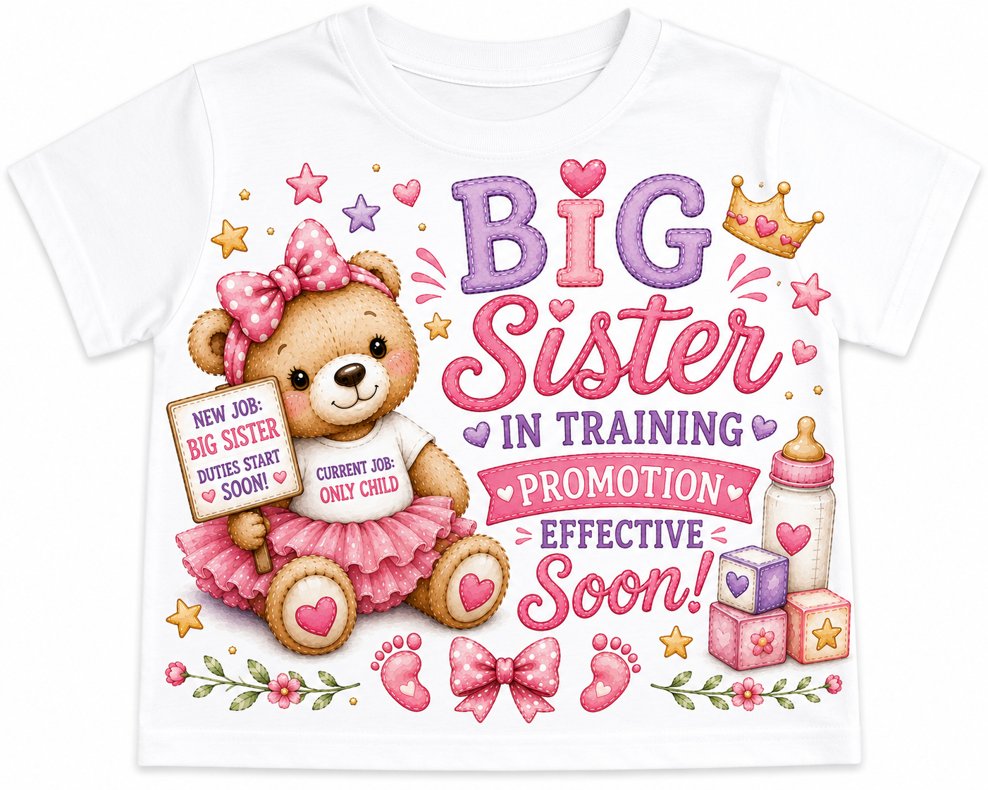 A white short-sleeve t-shirt with a colorful graphic print celebrating a 'Big Sister in Training'. The design features a cute cartoon teddy bear wearing a pink bow and tutu, alongside text, stars, a crown, a baby bottle, and pink footprints.