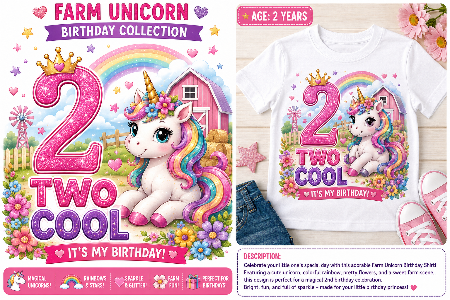 Two Cool Unicorn Birthday Shirt