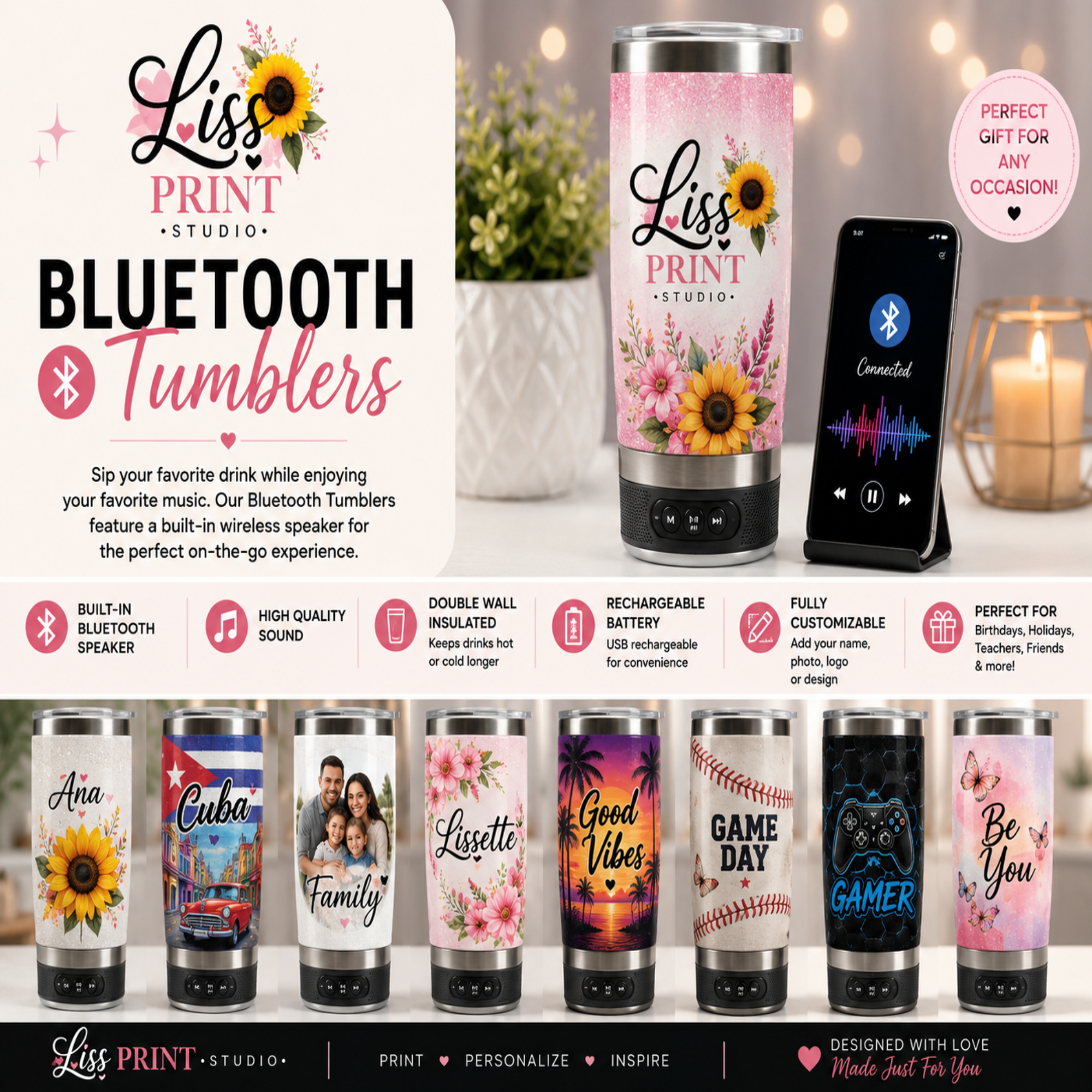 Promotional graphic for custom Bluetooth tumblers by Liss Print Studio, showing a pink floral tumbler with a built-in speaker, a smartphone displaying the Bluetooth interface, and several other custom tumbler designs below on a white background with decorative text and icons.
