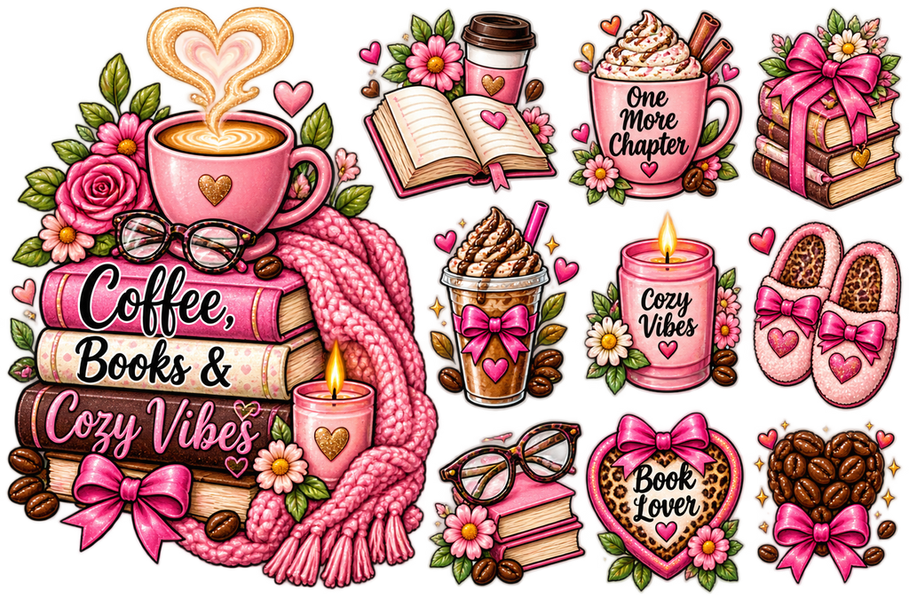 Coffee, Books & Cozy Vibes — UV DTF Tumbler Decal Set 📚☕💕