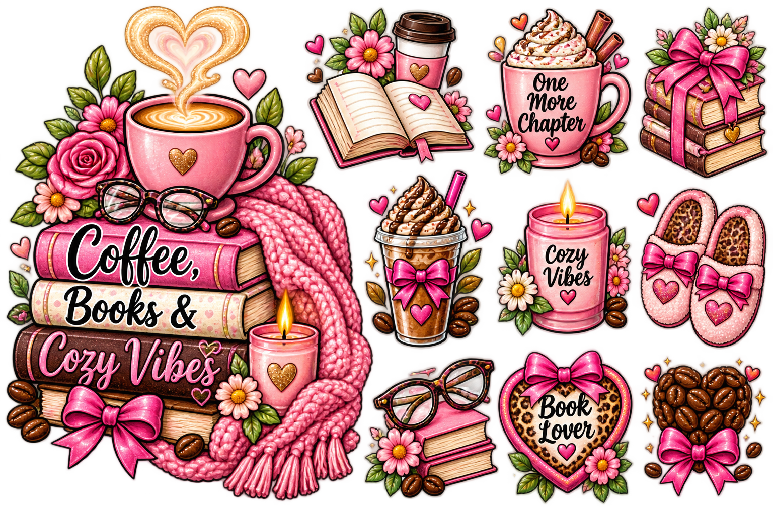 Coffee, Books & Cozy Vibes — UV DTF Tumbler Decal Set 📚☕💕
